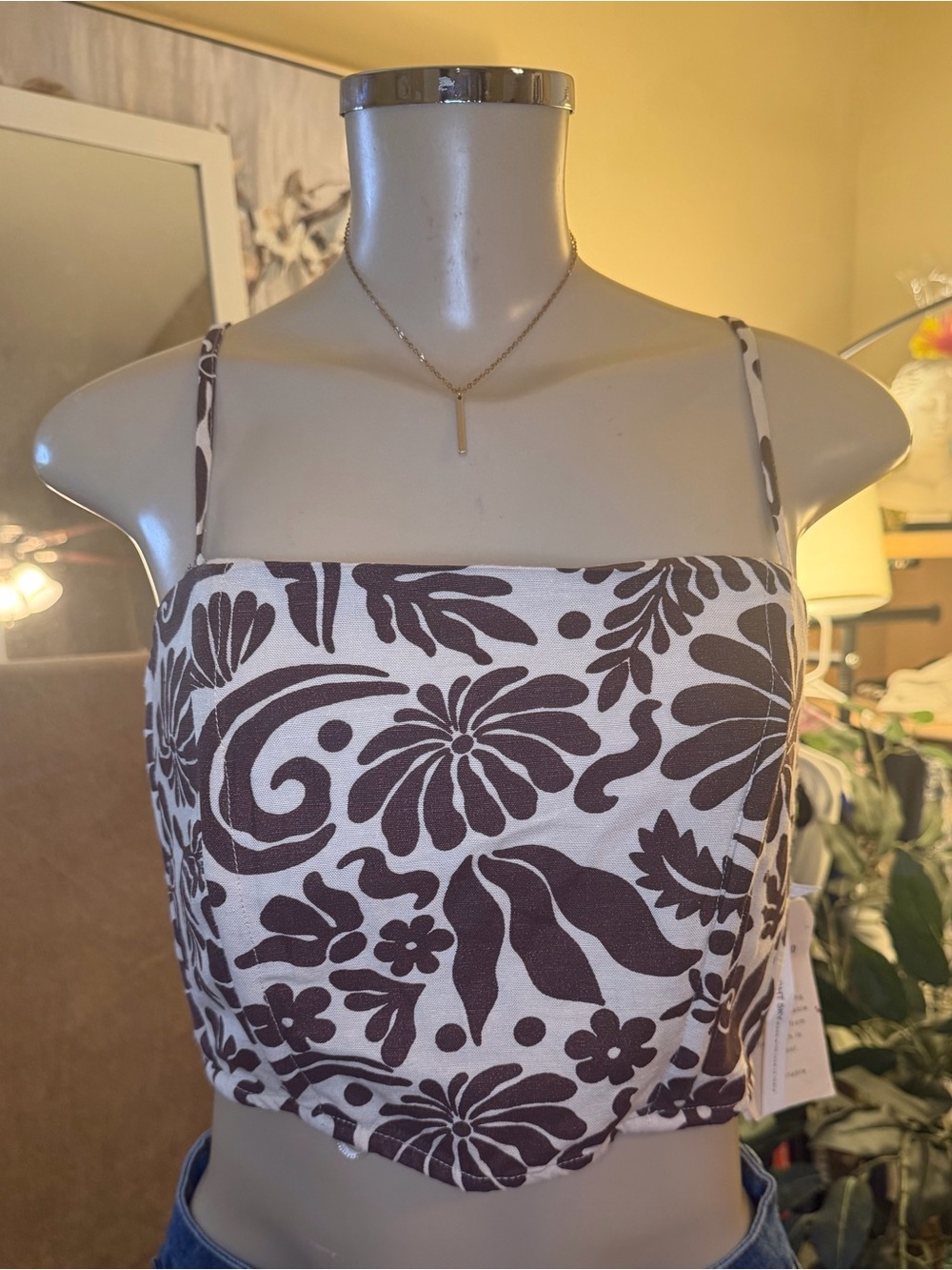 NWT Midnight Sky Floral Linen Blend Smocked Crop Top Size M